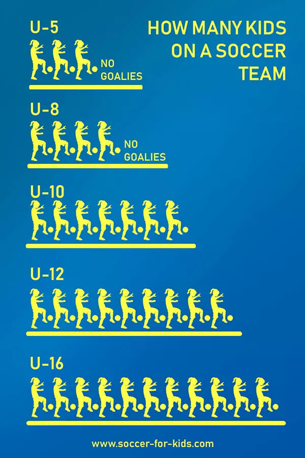 Find out how many youth soccer team players are on the field and on the team for each age level. Soccer team sizes for U4, U-5, U8, U10, U12, and U16 teams.